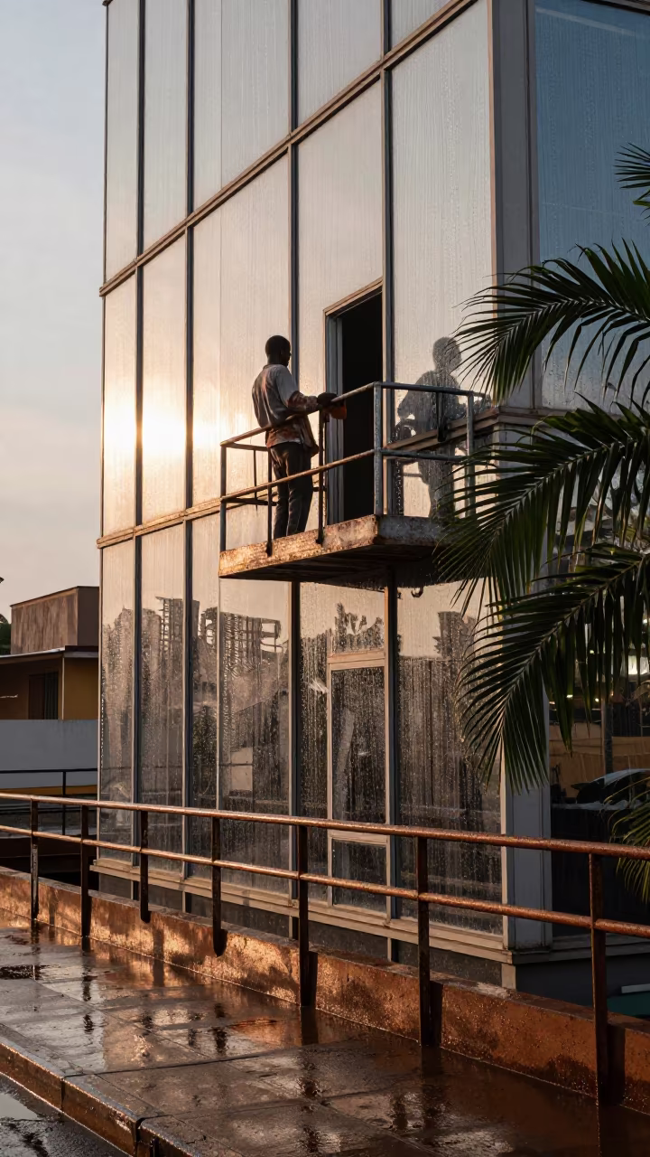 Window Washer on Skyscraper Platform Abidjan in in the old quarter in Abidjan