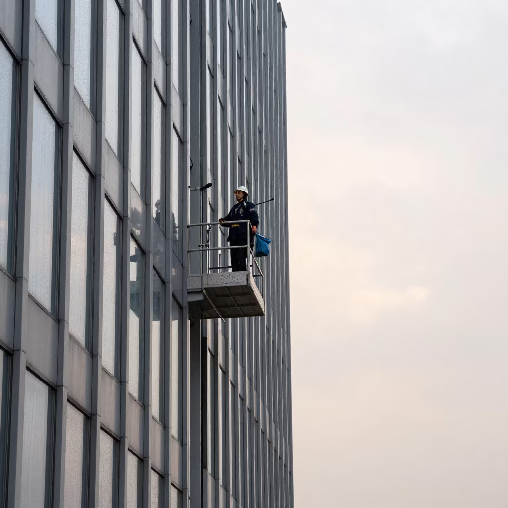 Window Washer on Skyscraper Platform in Margilan Rain in in Margilan