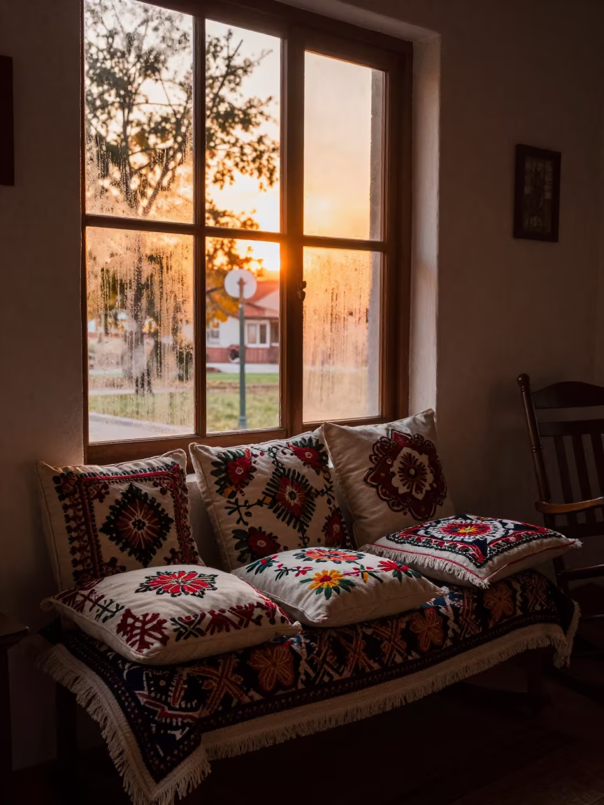 Windowseat with Embroidered Cushions in Guadalupe Porch in on a porch with a rocking chair in Guadalupe