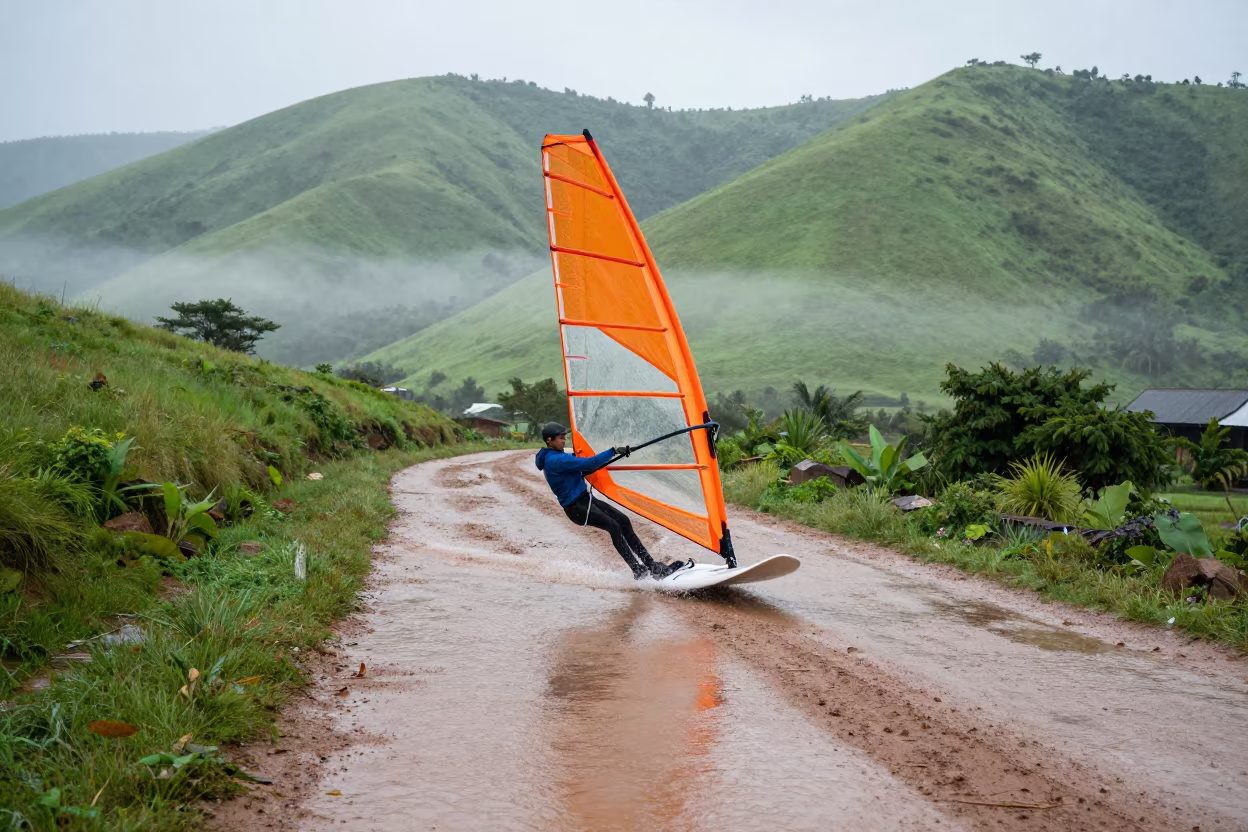 Windsurfer Launches Wave Off Bondoukou Mountain Path in on a mountain path near Bondoukou