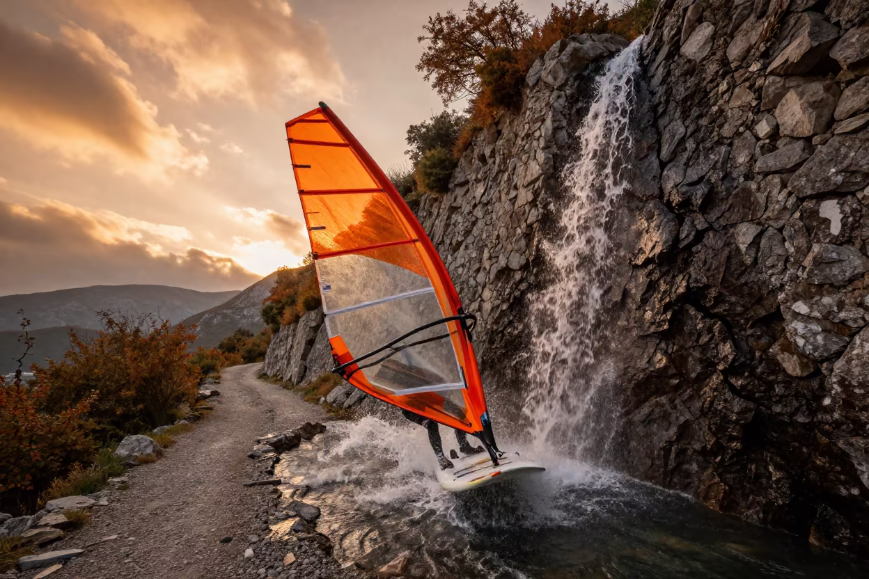 Windsurfer Launching on Mountain Sunset in on a mountain path near Düzce