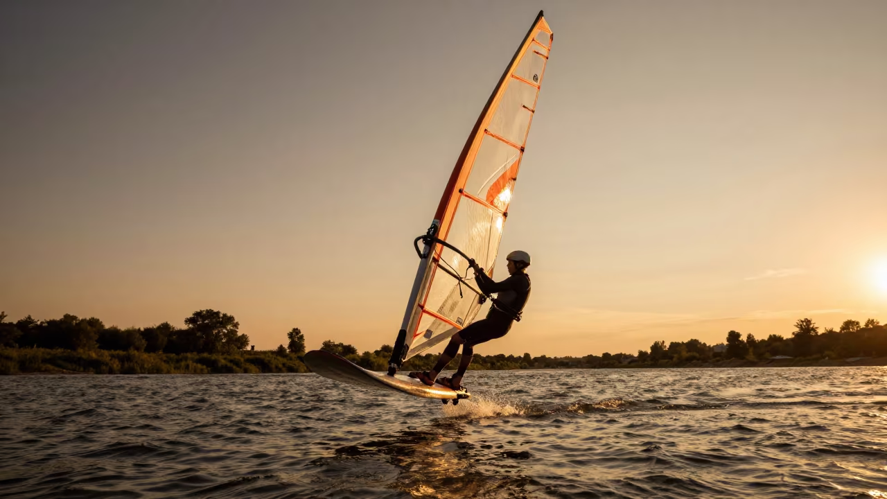 Windsurfer Mid-Air in Amber River Light in by a riverbank near Zielona Góra