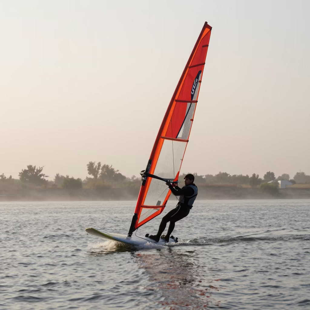 Windsurfer Planing at Dawn Near Mashhad Riverbank in by a riverbank near Mashhad