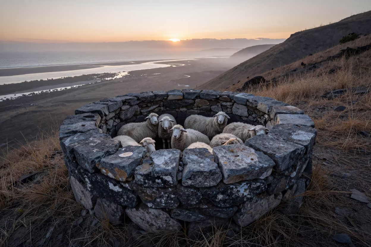 Windswept Stone Sheep Pen at Haitian Sunset in beside a tidal inlet in Haiti