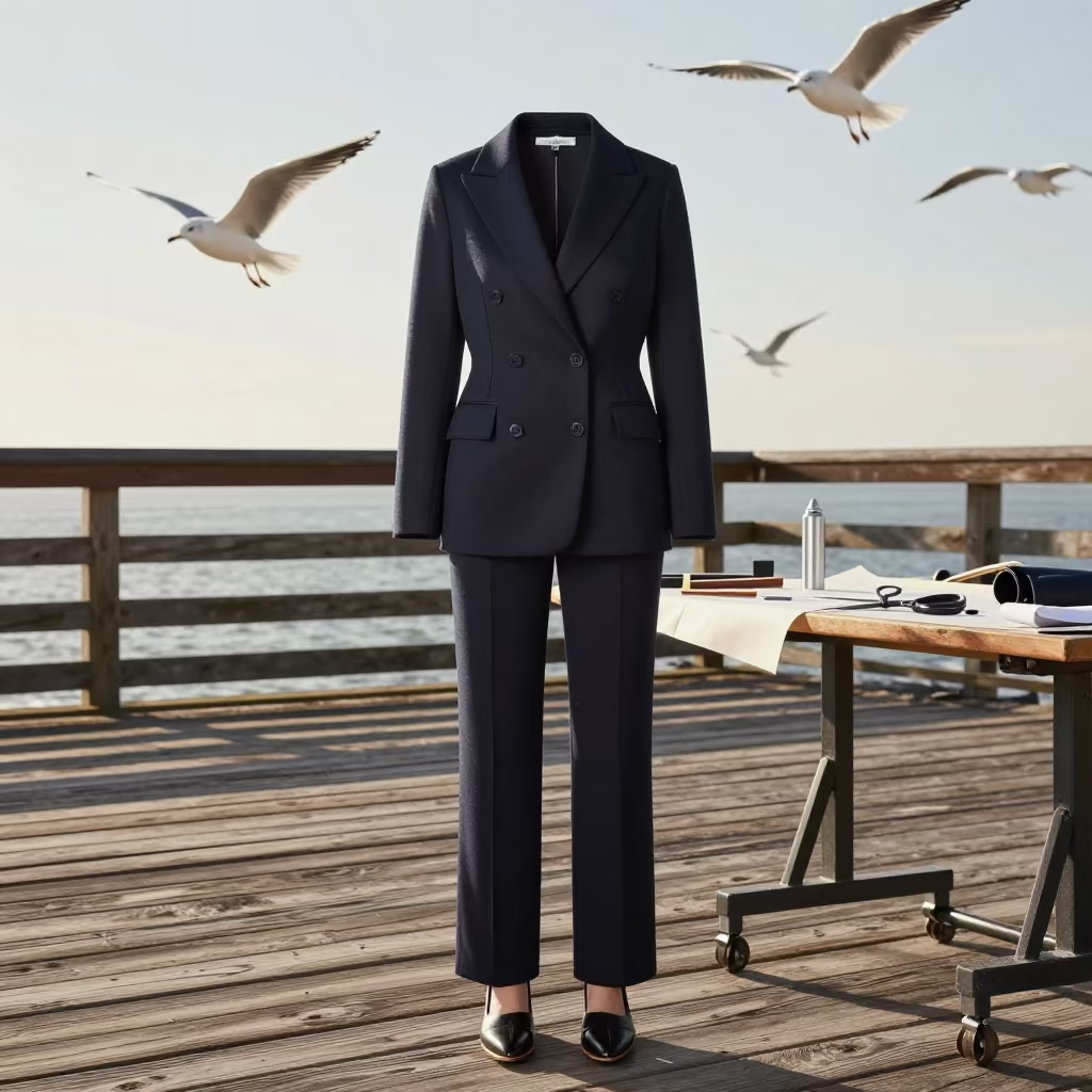 Windy Pier Fashion Lookbook with Gulls in at a tailoring table strewn with chalk and shears in Valladolid