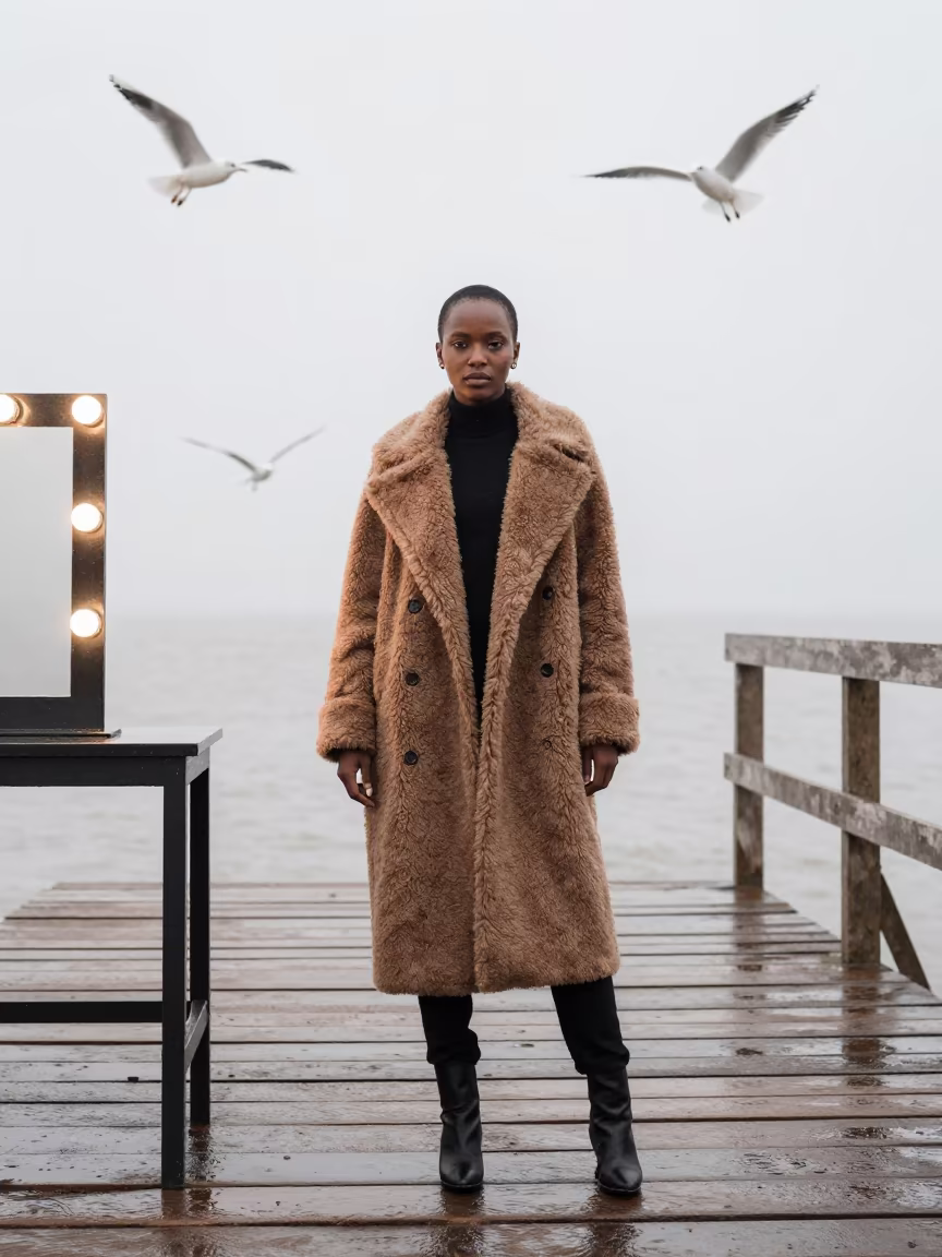 Windy Pier Outerwear Lookbook Tabora Noon in beside a mirror lined with makeup bulbs near Tabora