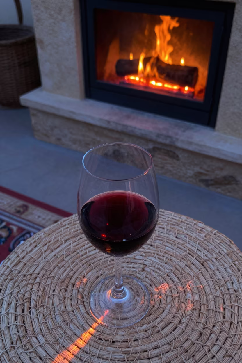 Wine Glass Reflecting Fireplace on Cushion in on a reading nook cushion near Hawaasa