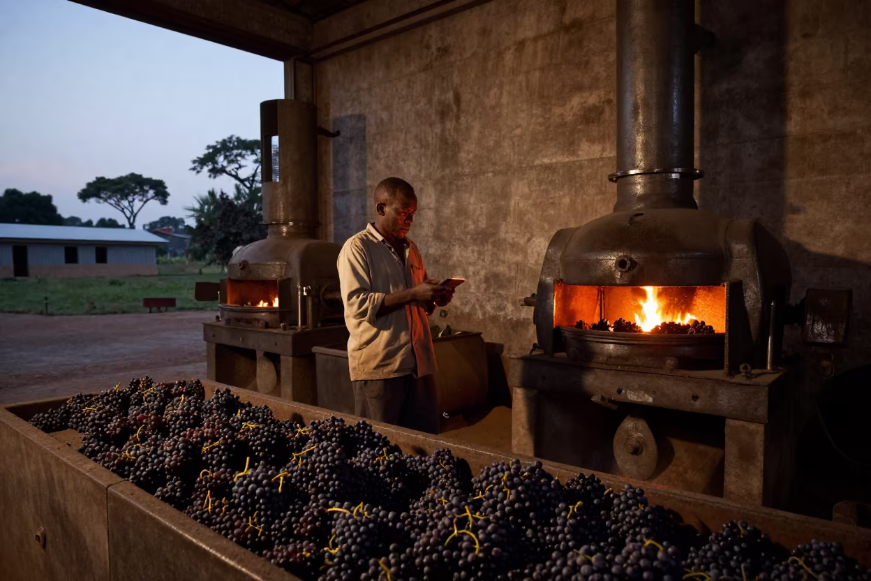Wine Maker Checks Grapes in Mbarara Foundry in in a foundry in Mbarara