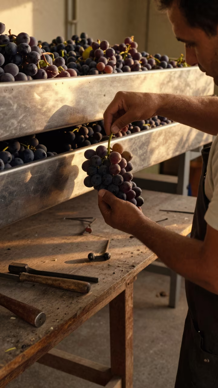 Wine Maker Inspecting Grapes in Nizip Workshop in in a workshop in Nizip