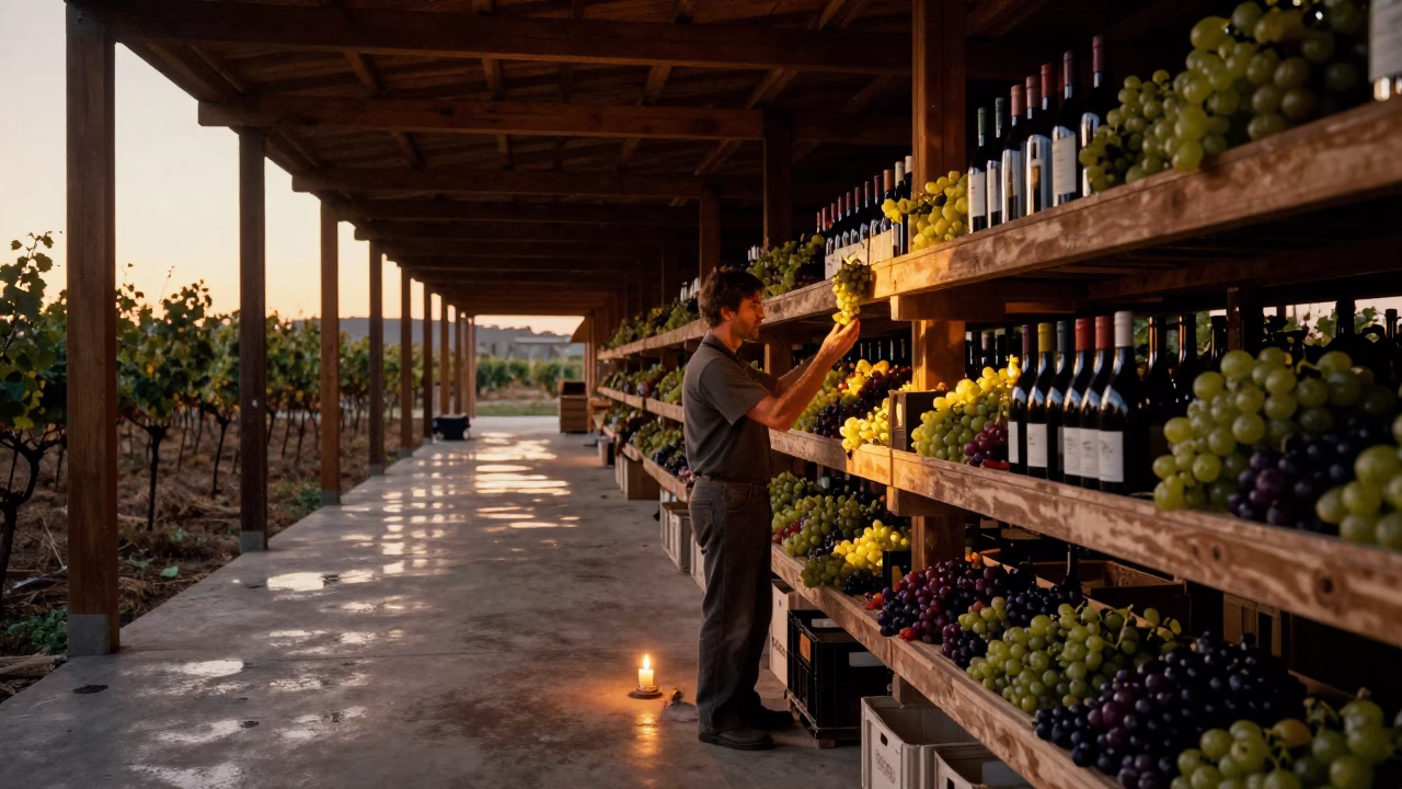 Wine Maker Inspects Grapes in Milan Loft in in a warehouse loft in Milan