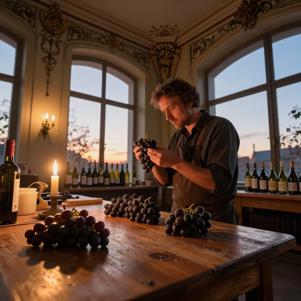 Wine Maker Inspects Grapes in Riga Atelier in in an atelier in Art Nouveau District, Riga