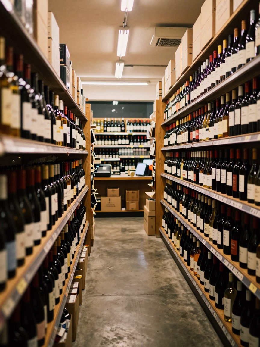 Wine Shop Aisle After Rush Hour Dakar in at a checkout lane under flat store light near Dakar