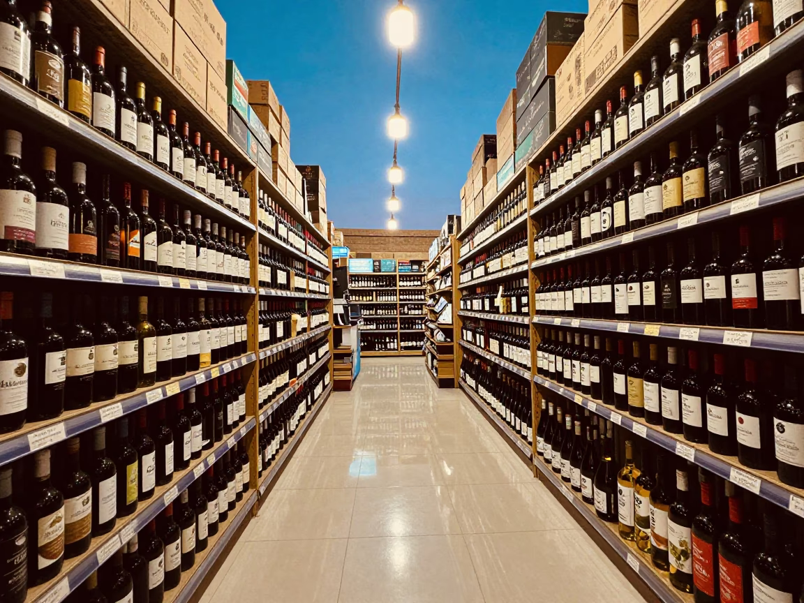 Wine Shop Aisle Amber Light Before Opening in at a checkout lane under flat store light in Sana'a