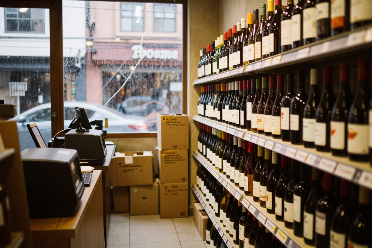 Wine Shop Aisle in Amber Light Bogota in at a checkout lane under flat store light near La Macarena, Bogota