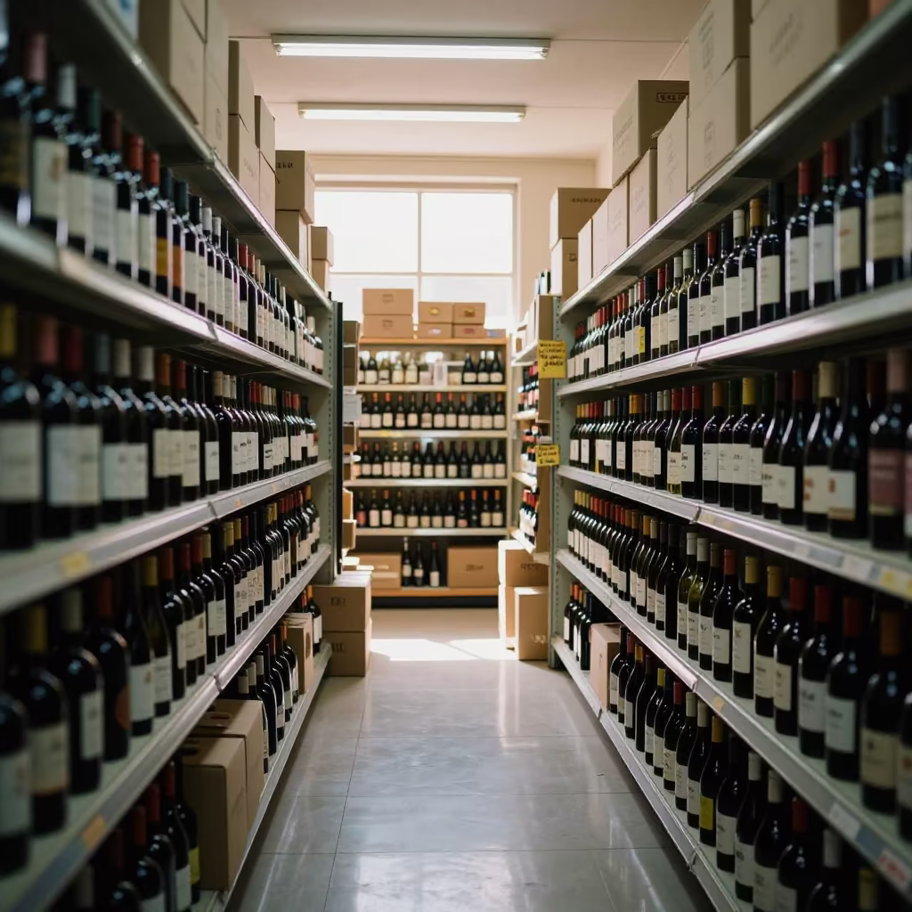 Wine Shop Aisle with Handwritten Signs in inside a bright retail aisle near Tikrit