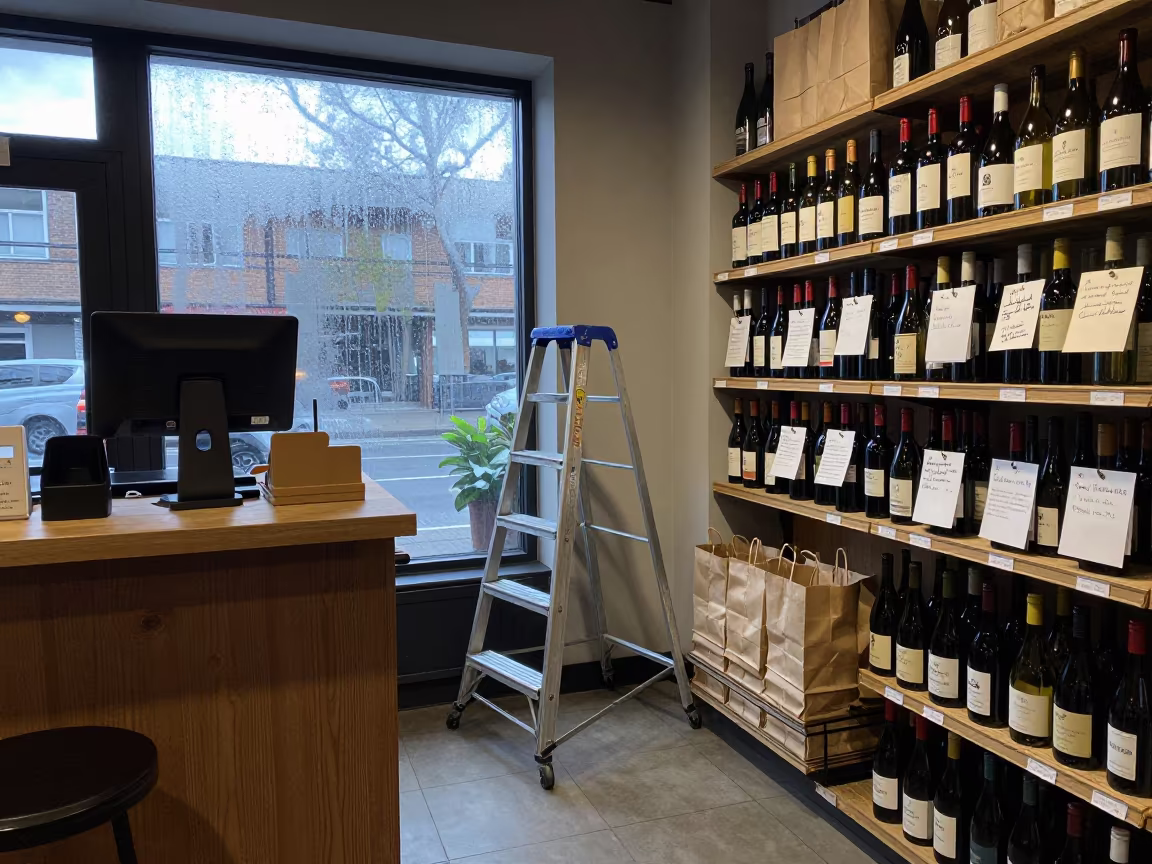 Wine Shop Ladder Near Cash Wrap Counter Warri in at a cash wrap counter with bags stacked nearby near Warri