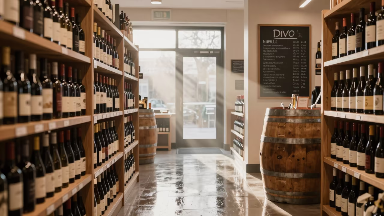 Wine Shop Shelf Dawn Light Rainy Divo in inside a bright retail aisle in Divo