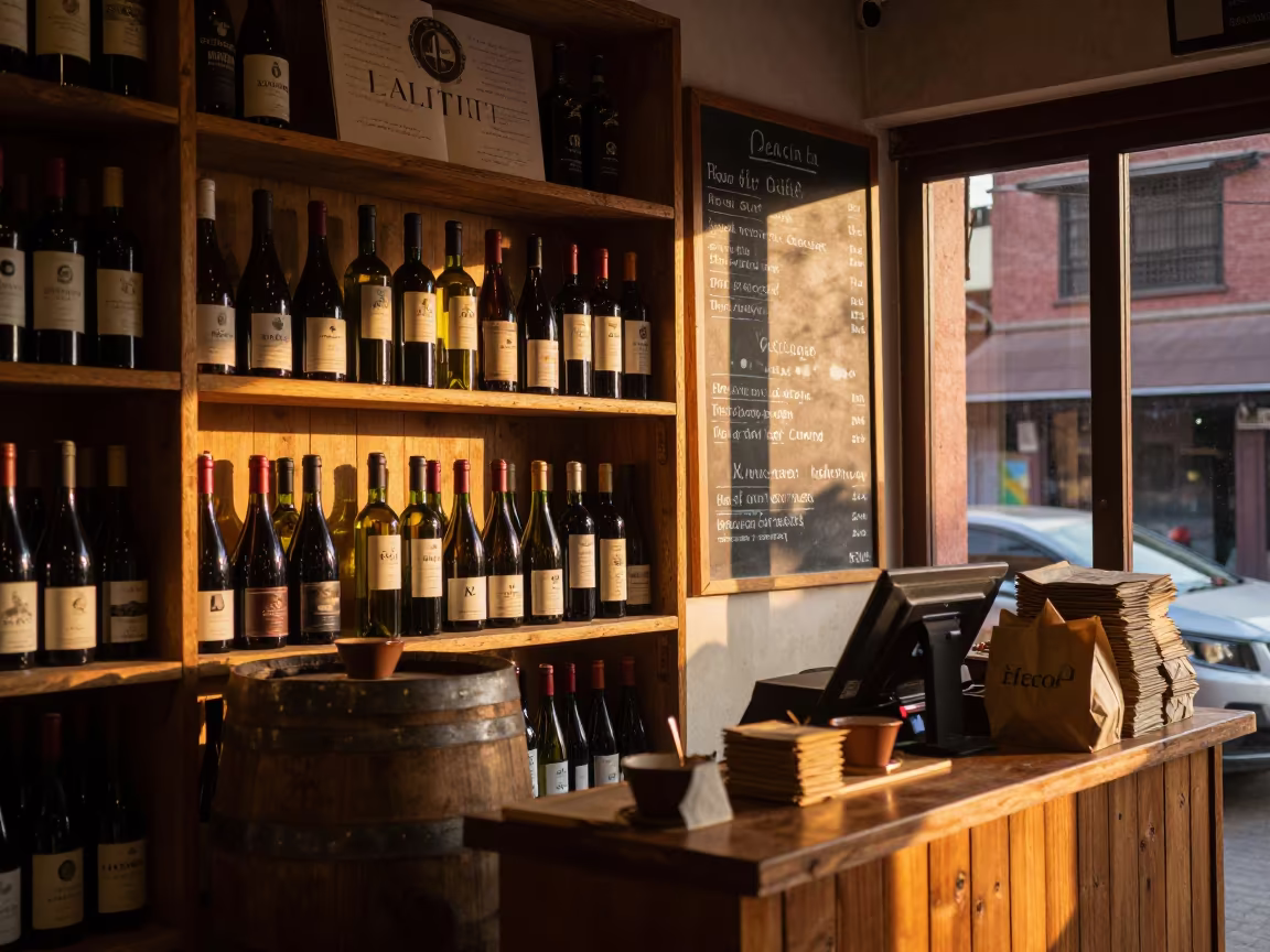 Wine Shop Shelf Evening Reflections Lalitpur in at a cash wrap counter with bags stacked nearby in Lalitpur