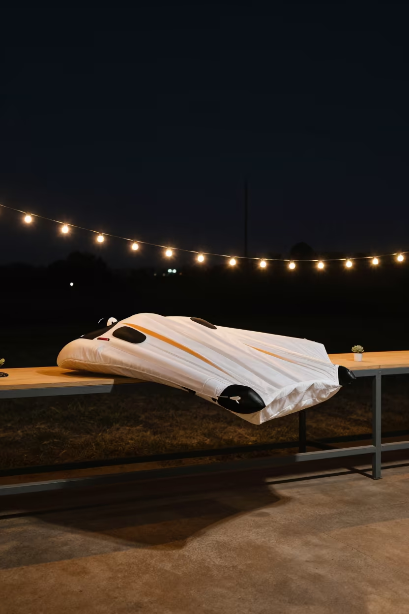Wingsuit Model on Shelf Under String Lights in on a workshop shelf near Bloemfontein