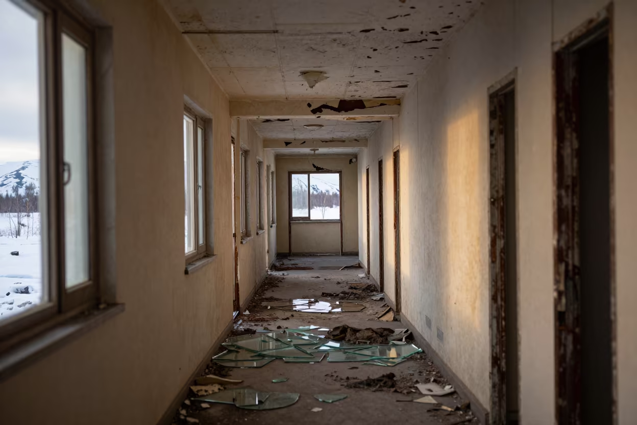Winter Abandoned Hotel Corridor Anchorage Ruin in along a ward corridor with broken glass and falling plaster in Anchorage