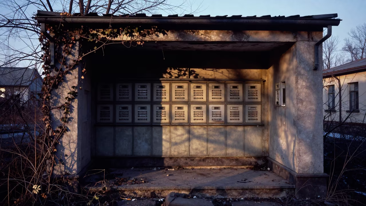 Winter Ruin of Abandoned Telephone Exchange Switchboards in beside ivy-draped masonry near Chișinău