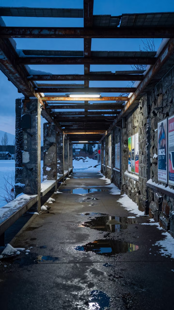 Winter Abandoned Tunnel Station Yukon in inside a roofless nave in Yukon