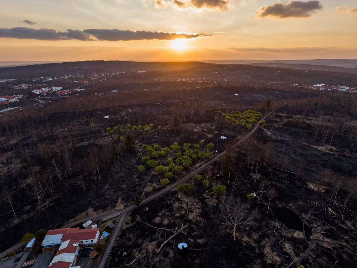 Winter Aerial View of Burned Forest Near Eskişehir in high above patterned rooftops near Eskişehir