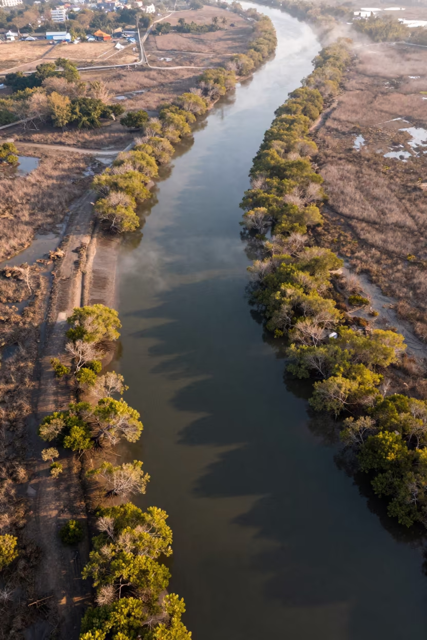 Winter Aerial View of Mangrove Channels Ho Chi Minh in high above braided river channels near Ho Chi Minh City