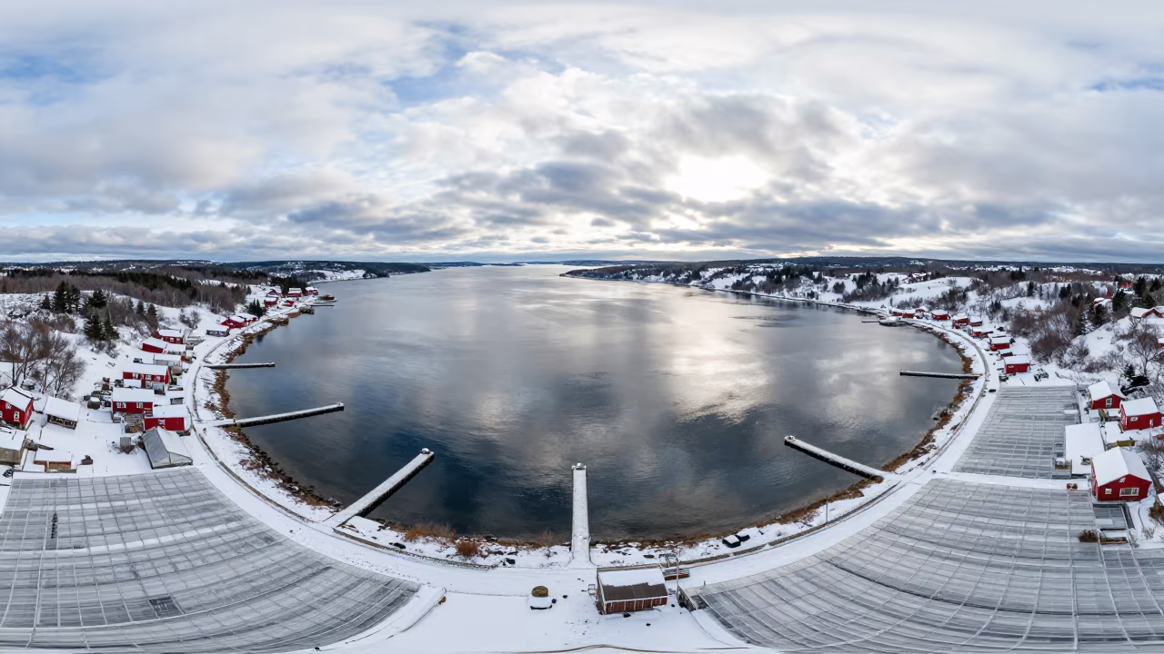 Winter Aerial View of Nova Scotia Coastal Bay Docks in high over greenhouse grids in Nova Scotia