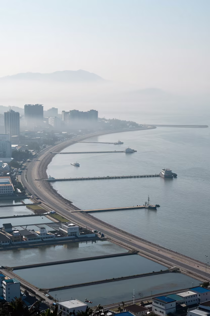 Winter Aerial View of Coastal City Bay and Docks in high over salt ponds and causeways in Punjab