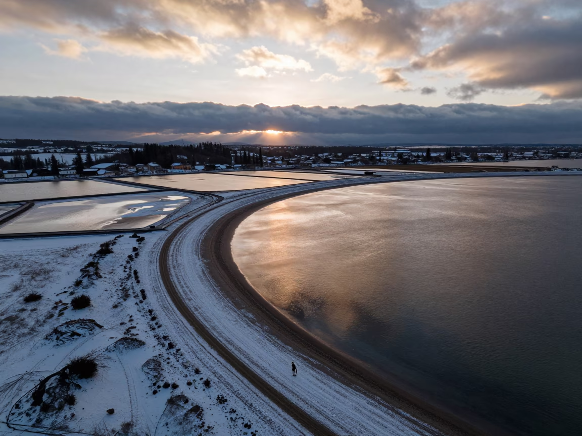 Winter Aerial View of Volcanic Beach at Dusk in high over salt ponds and causeways near Innsbruck