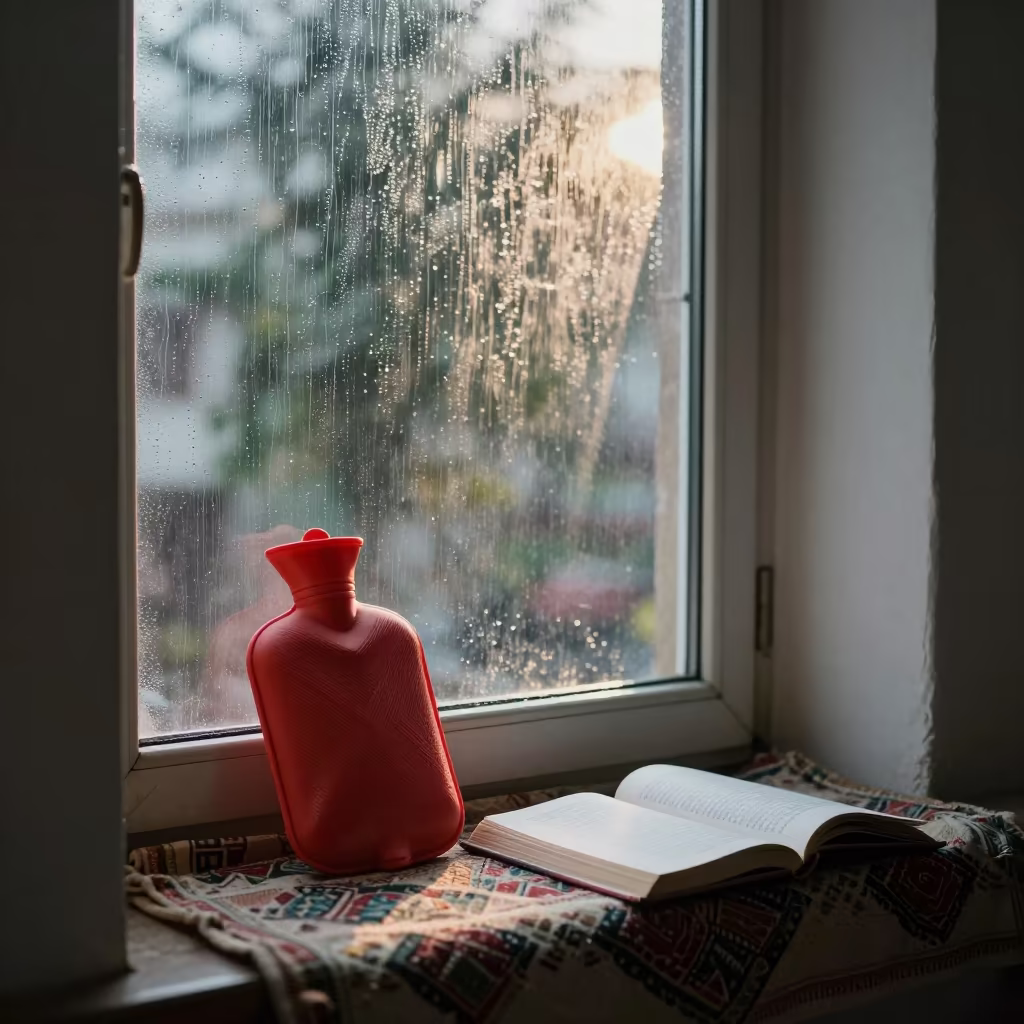 Winter Afternoon Rain Chiniot Book Hot Water Bottle in on a window seat in Chiniot