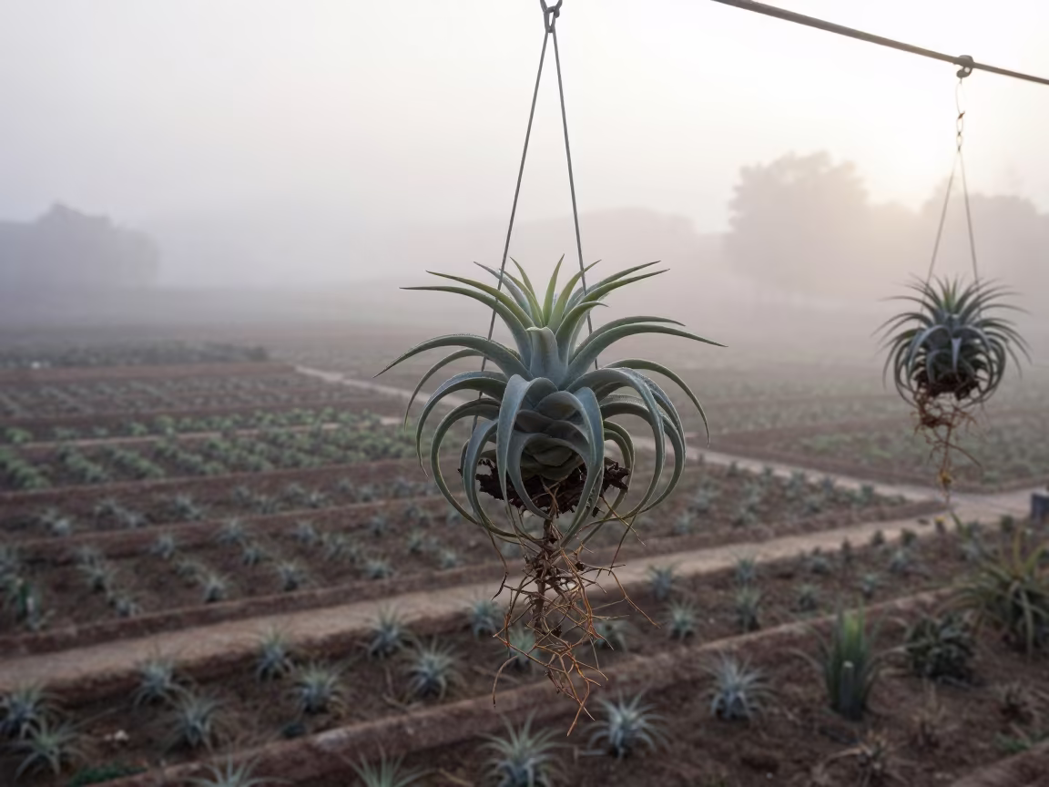 Winter Air Plant in Misty Cairo Garden in among terraced garden plots near Cairo