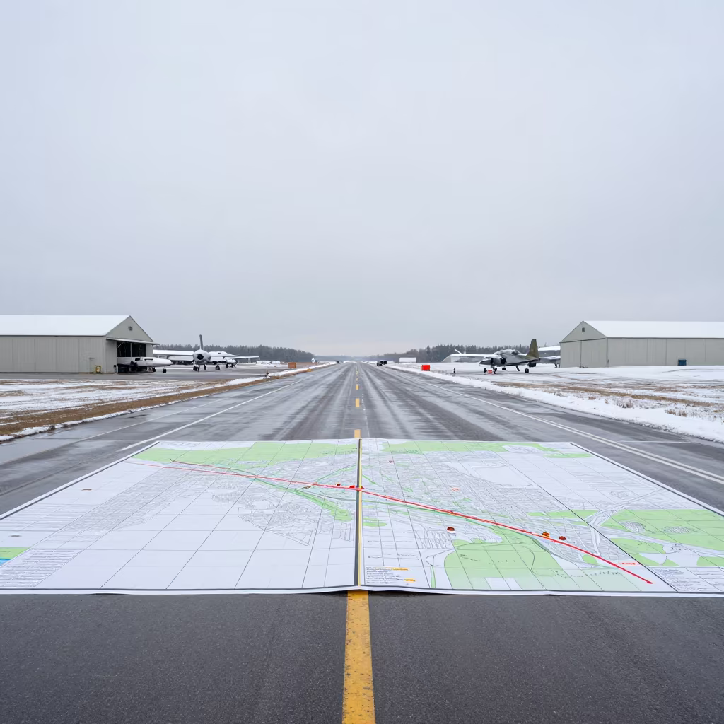 Winter Airbase Map Grid Overlay Readiness in along an airbase flight line in Manitoba
