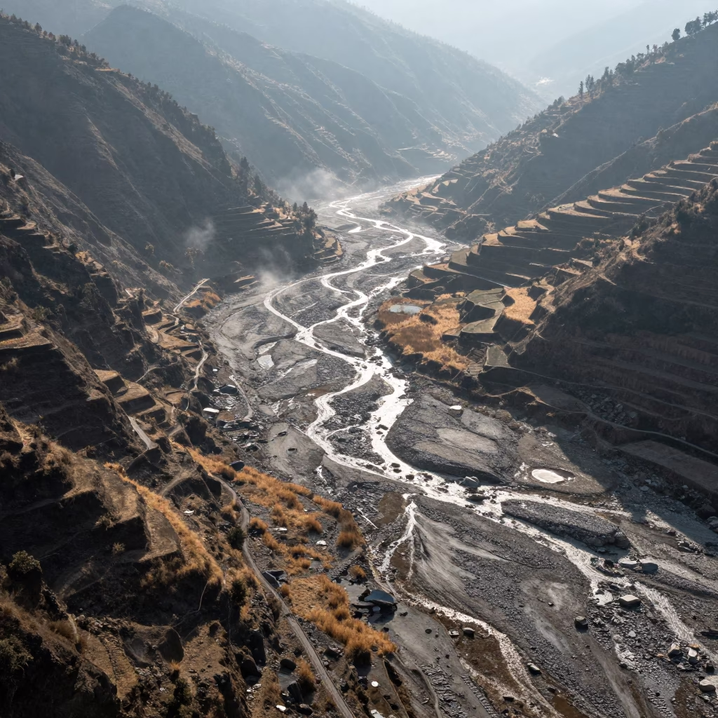 Winter Alluvial Fan Aerial View Nepal in far above terraced hillsides in Nepal