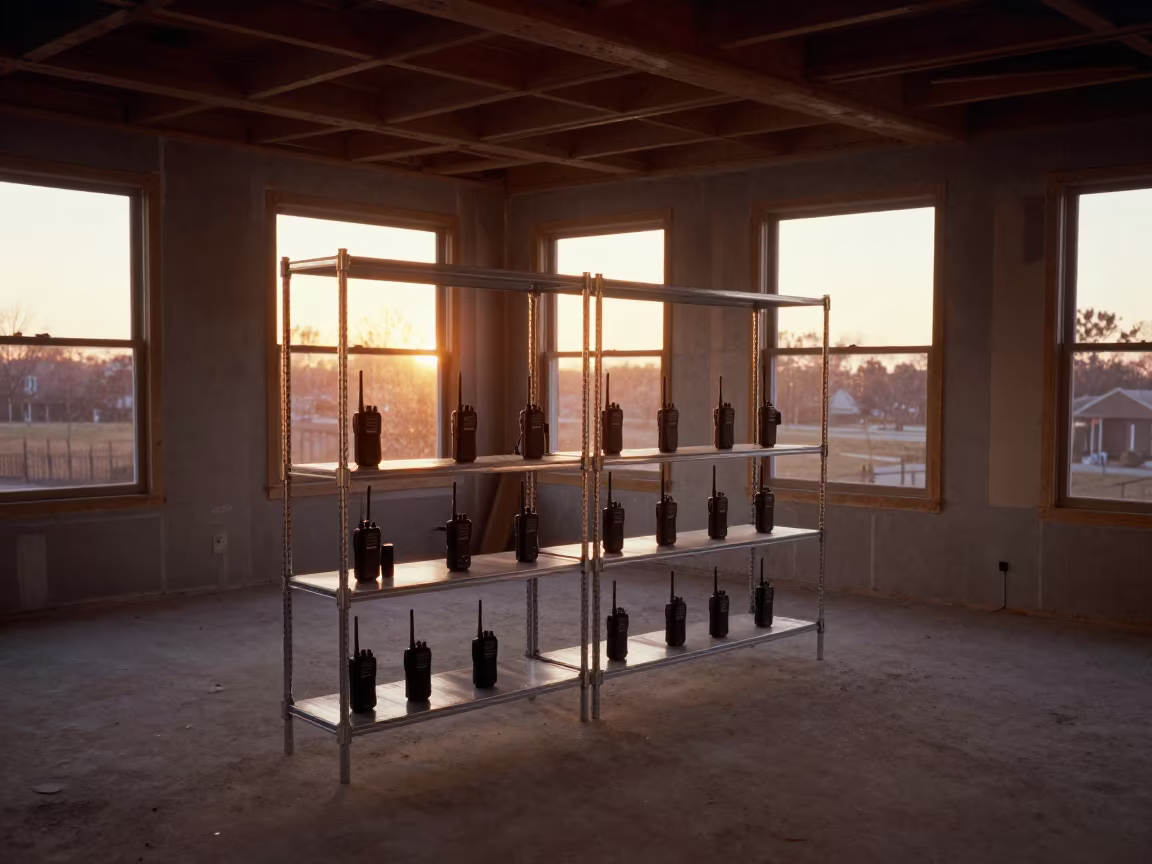 Winter Amber Light on Construction Walkie Charger Shelf in inside a half-built lobby in Alabama