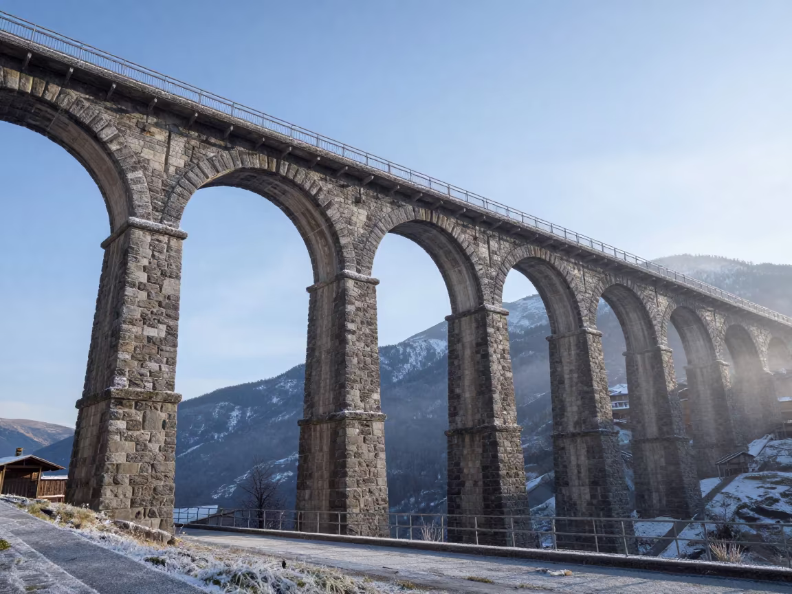 Winter Aqueduct Under Andorra Bridge Span in under a cable-stayed bridge span in Andorra