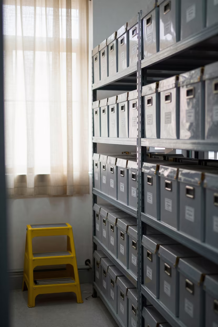 Winter Archive Aisle in Bhagalpur Operations Center in in an operations center under monitor glow in Bhagalpur