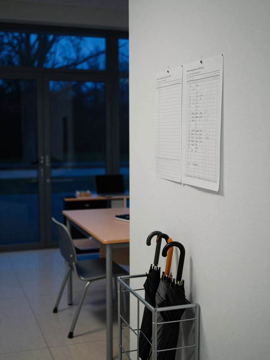 Winter Attendance Sheet Near Umbrellas in Algiers School Office in inside an art classroom near Algiers