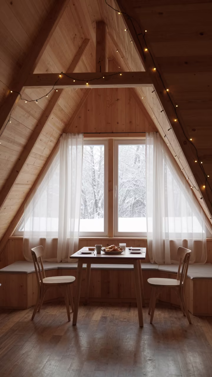 Winter Attic Nook with Fairy Lights in Dadu in in a breakfast nook in Dadu