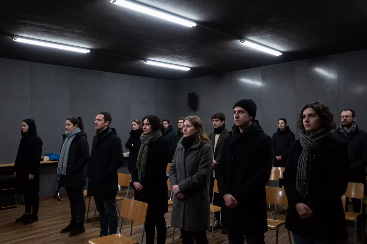 Winter Audience Rising in Predawn Karadeniz Hall in in a rehearsal room in Karadeniz Ereğli