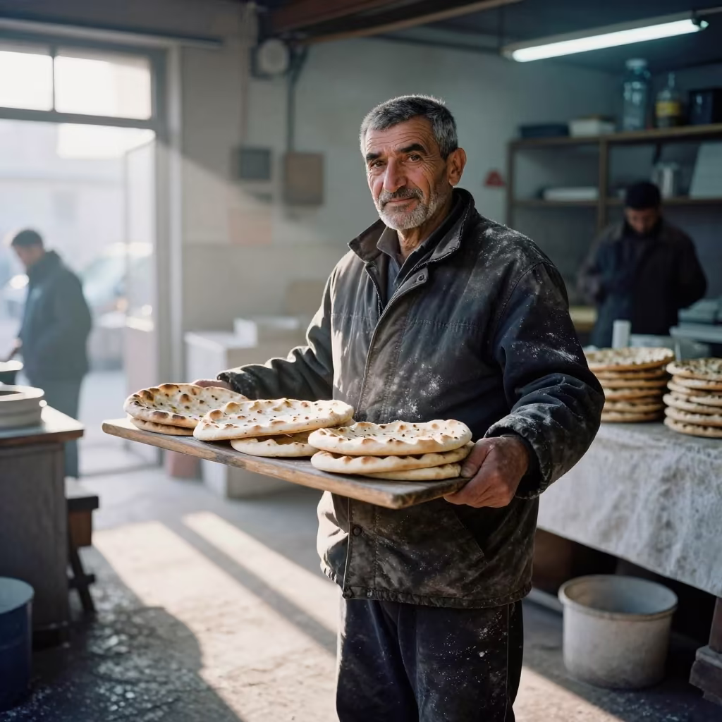 Winter Baker Holding Flatbread at Dawn in Novi Sad in in a north-lit studio in Novi Sad