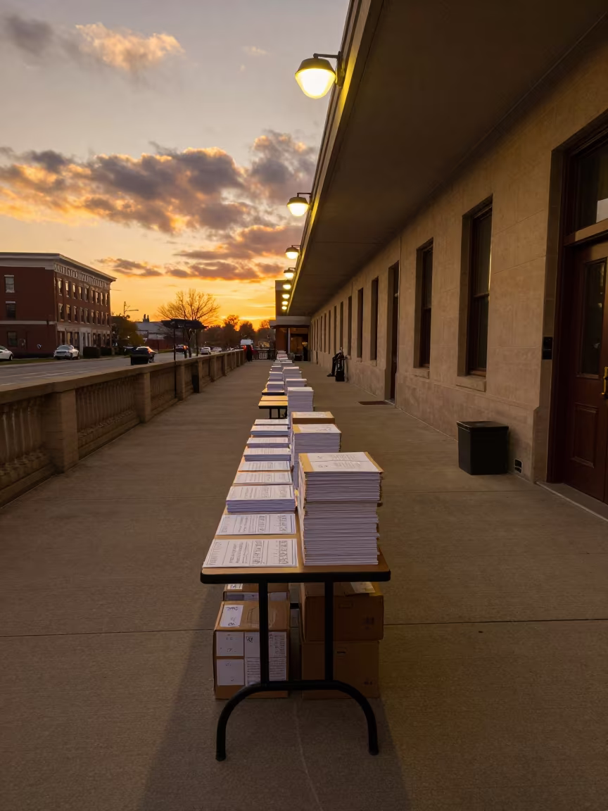 Winter Ballot Counting Table Courthouse Syracuse in in a courthouse corridor in Syracuse