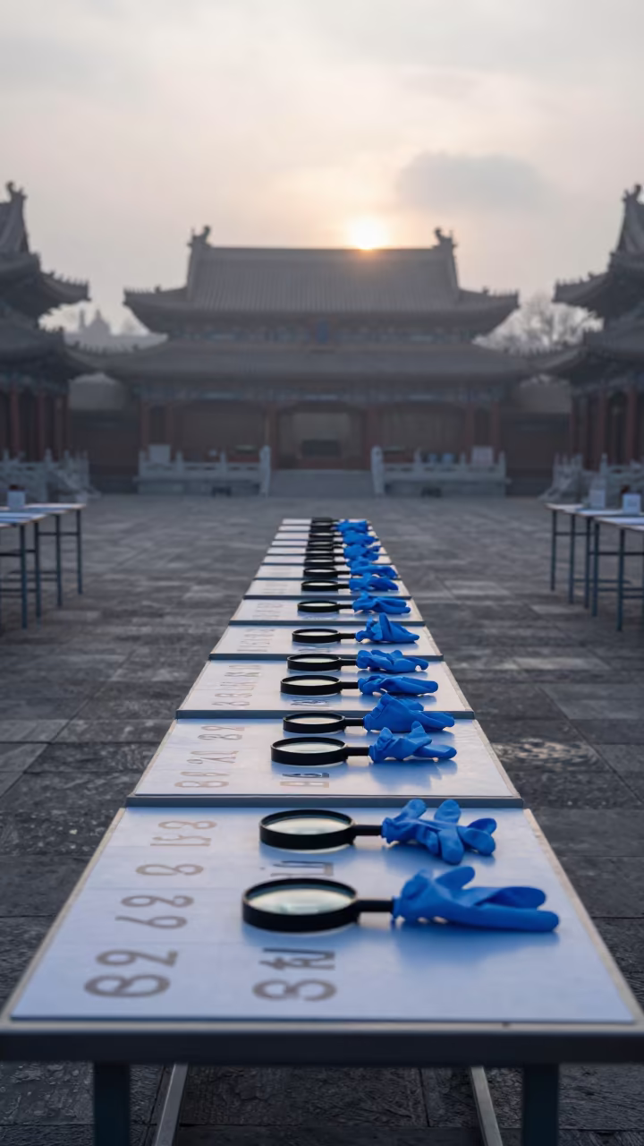 Winter Ballot Inspection Table Near Xian Courthouse in in a courthouse corridor near Xian
