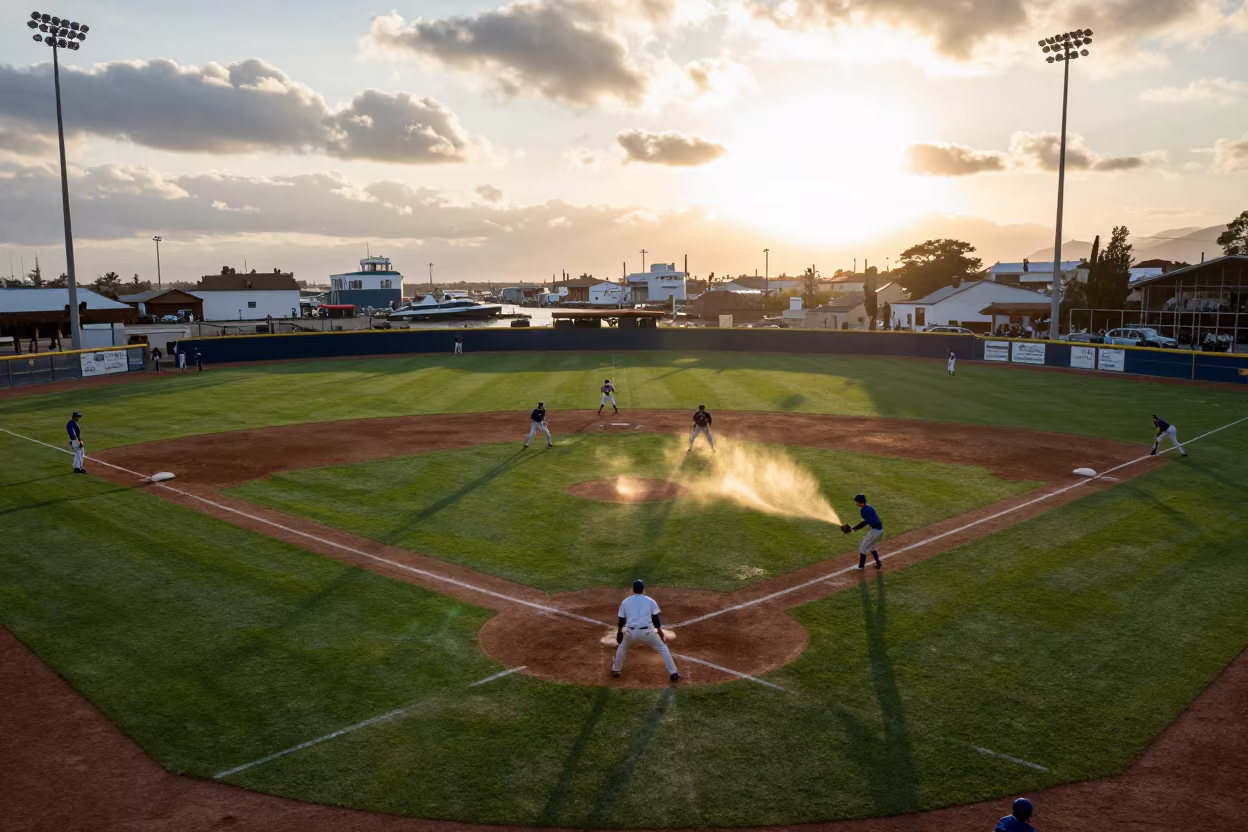 Winter Baseball Field Harbor Golden Light in at a harbor quay near Monterrey