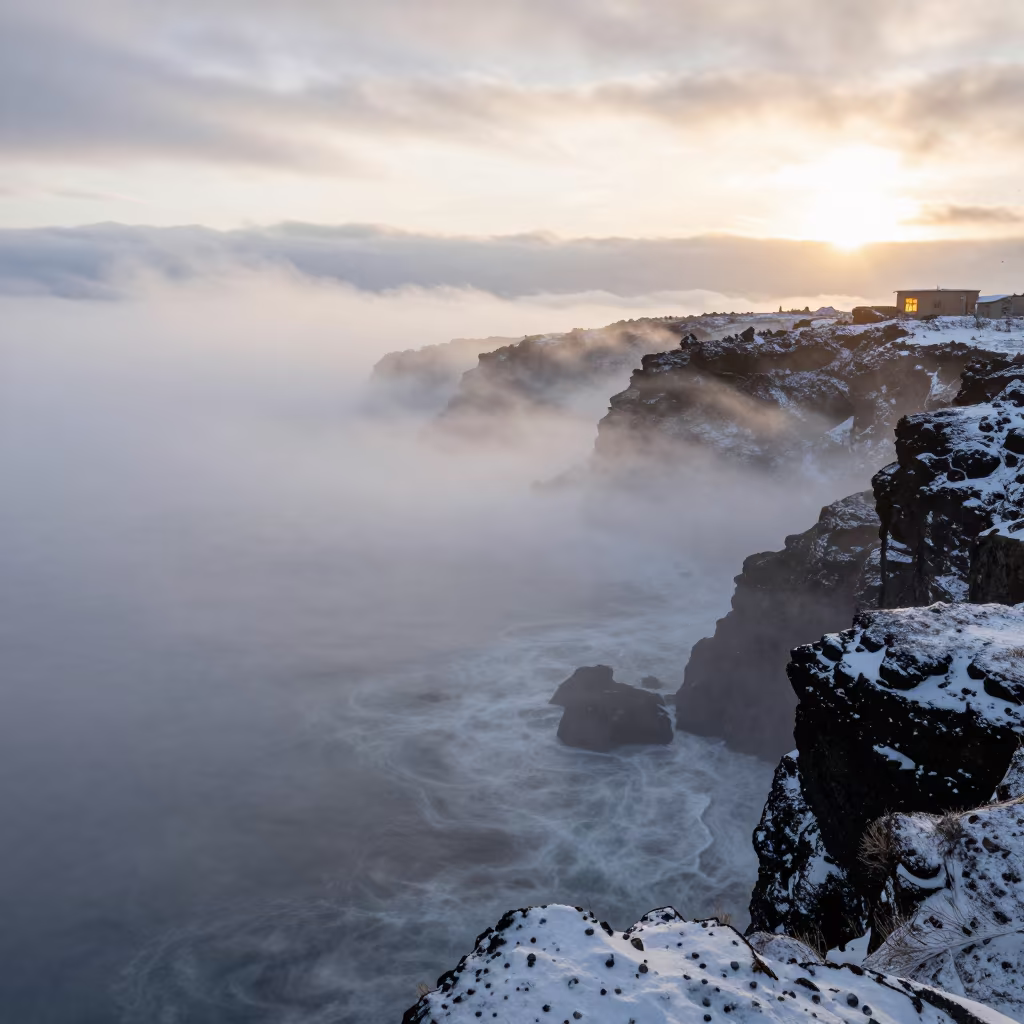 Winter Blizzard Over Volcanic Coast at Sunset in beneath fast-moving cloud bands near Bishkek