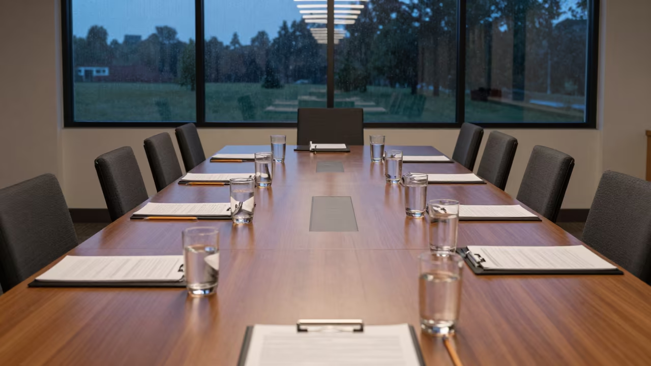 Winter Boardroom Table with Agendas and Water Glasses in at a boardroom table before a meeting near Spotsylvania County