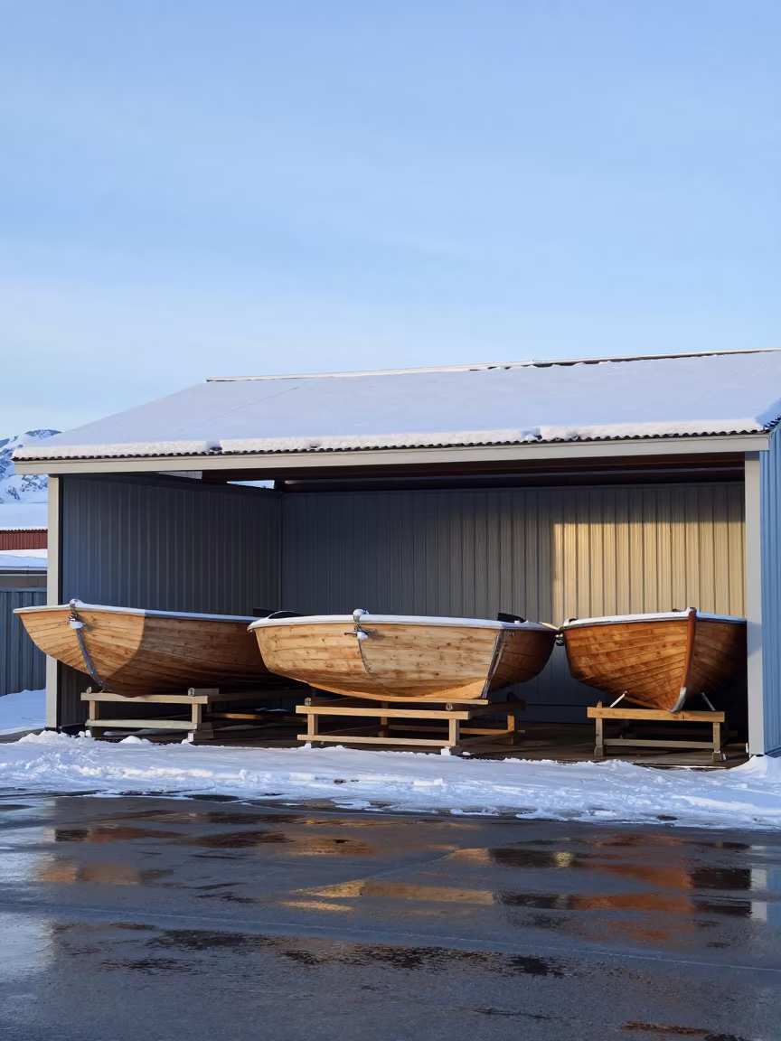 Winter Boat Shed with Hull Reflections in in Alberta