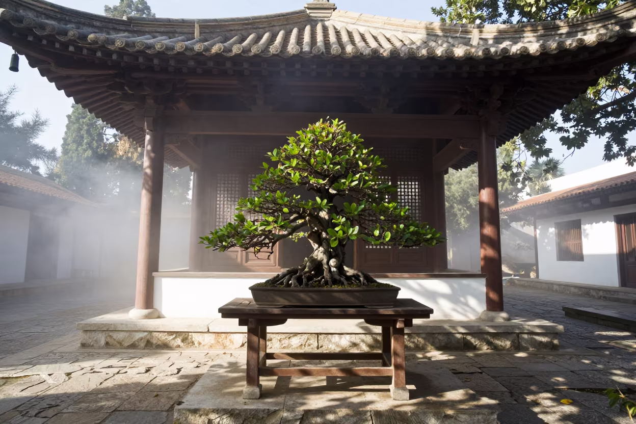Winter Bonsai in Cyprus Temple Alcove in beneath a pagoda roof in Cyprus