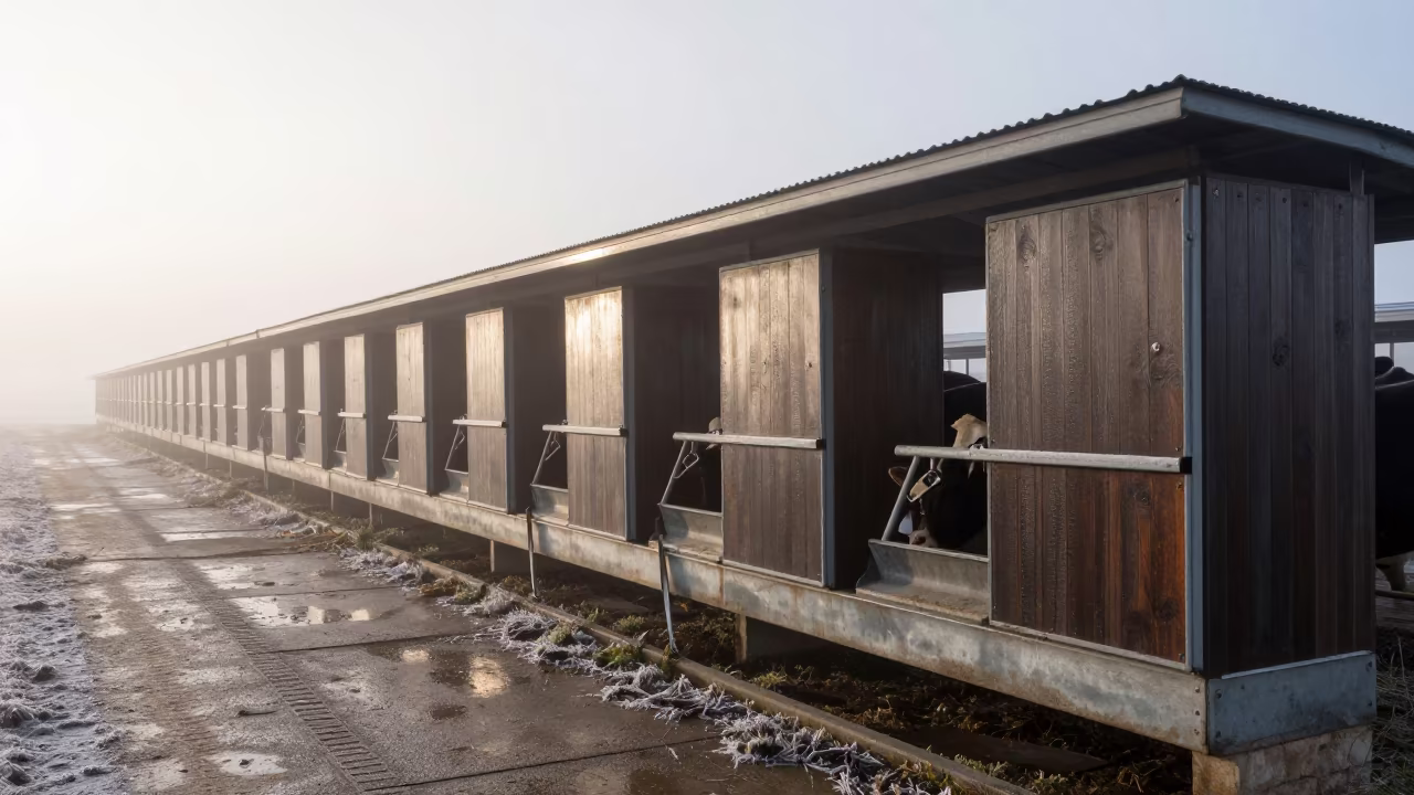Winter Branding Chute Czech Feedlot Dawn in along a feedlot lane in Czech Republic
